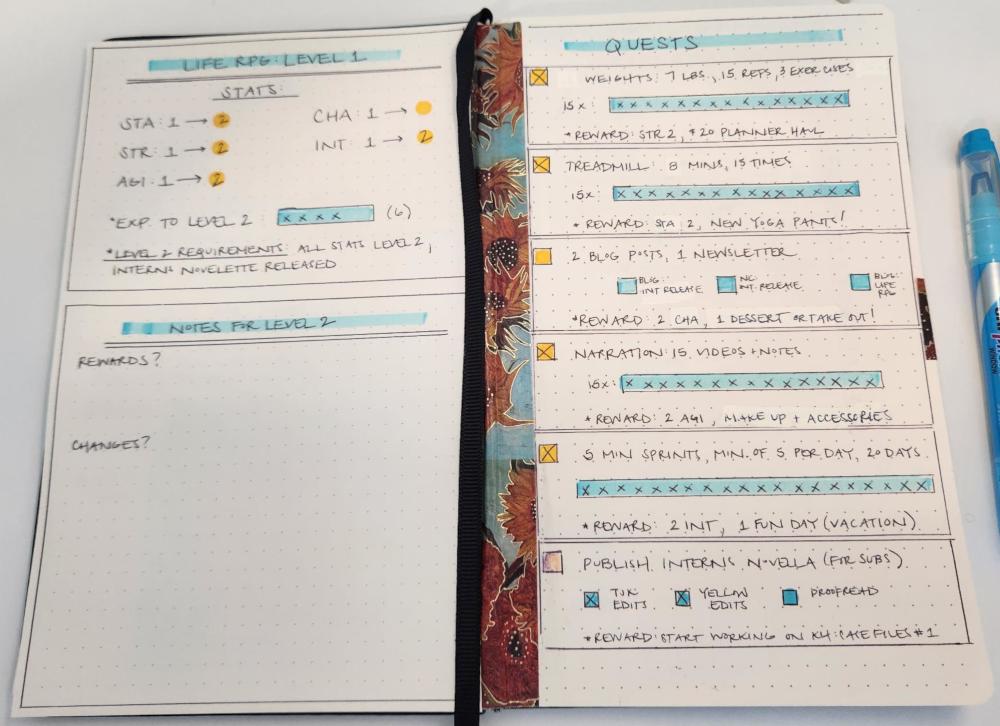 Open journal image of two pages with Jen's level 1 stats on one side and some notes, and her quests and quest rewards on the other.
